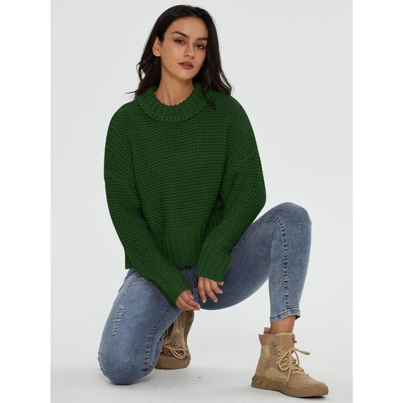 Women's Crewneck Chunky Knit Batwing Long Sleeve Loose Pullover Sweaters Tops - Picture 6 of 6